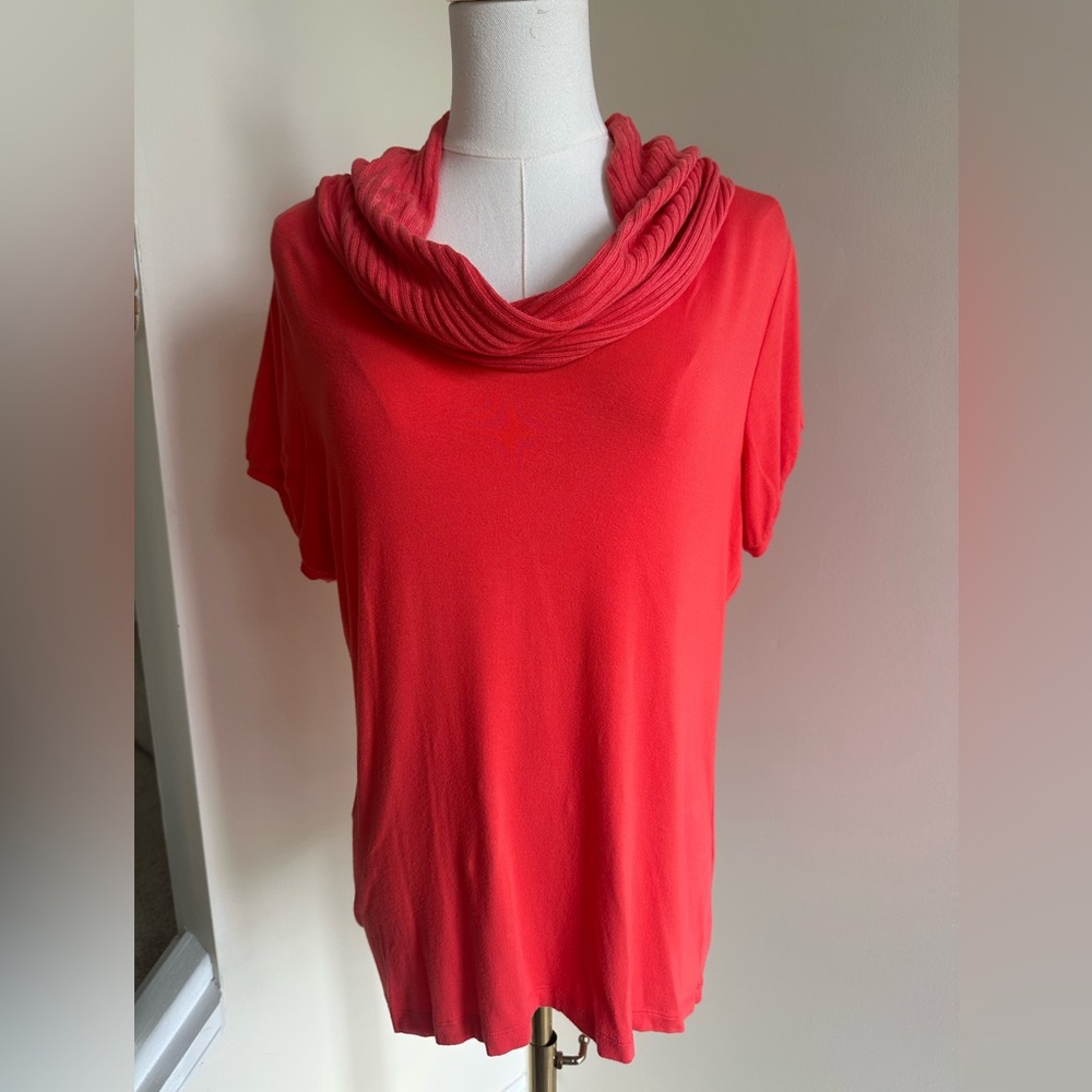 Cowl Neck Coral Short Sleeve Shirt- Large - Picture 1 of 8